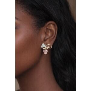 Vintage 1960s Gold Tone Clip Earrings Pink White Glass Cabochon Floral Cluster